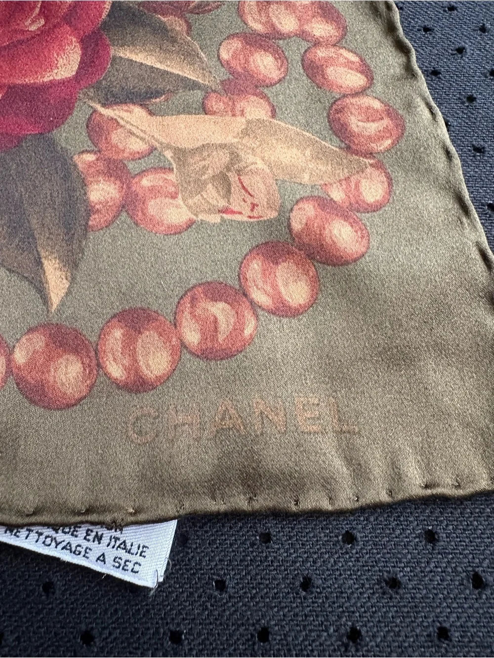 CHANEL Olive Green Scarf with Pink Floral and Pearl Motif - Picture 3 of 7
